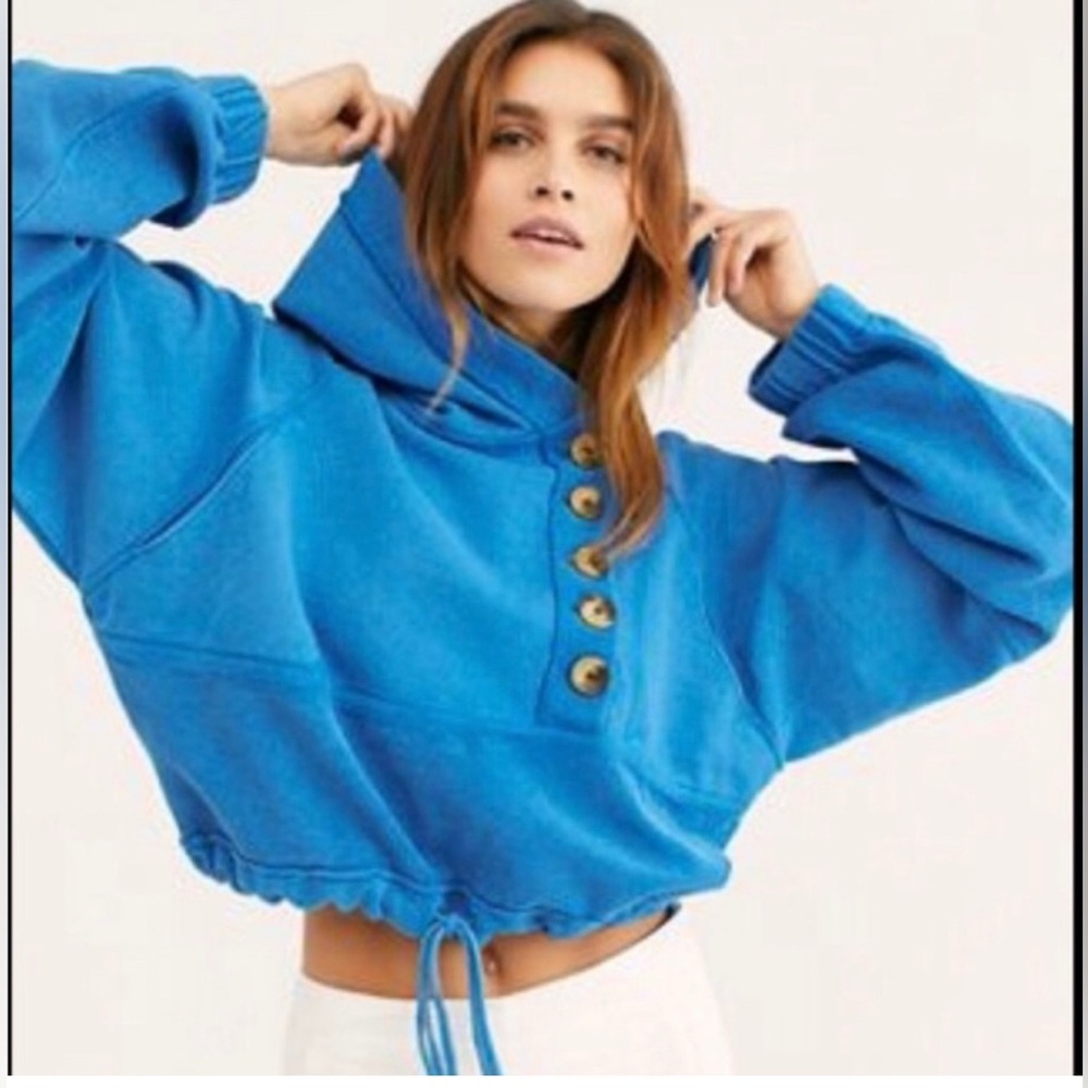 Free People Blue Cropped Ryder Hoodie Sweatshirt with Button Detail